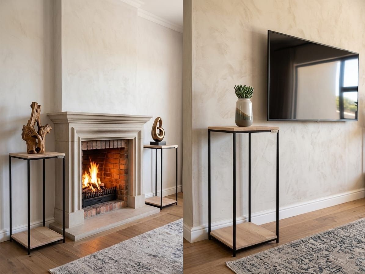 Oak and steel plinths beside a lit fireplace