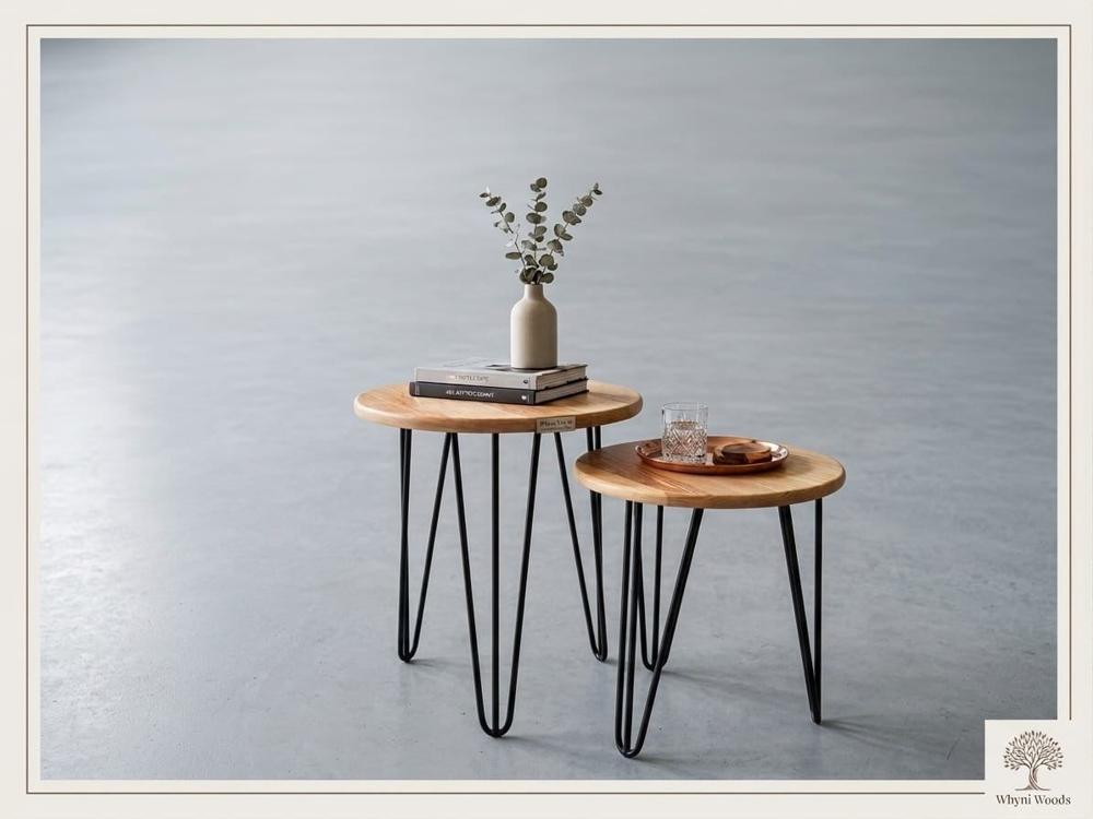 Round oak side tables on black hairpin legs