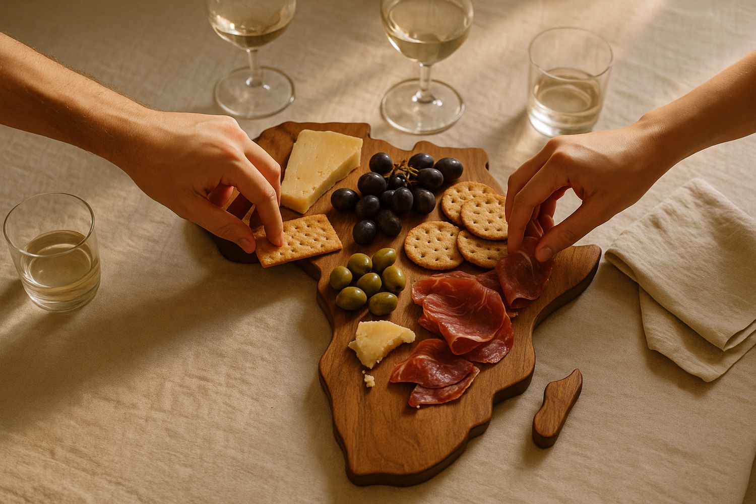 An Africa shaped serving board laid with cheese and charcuterie, two people reaching in