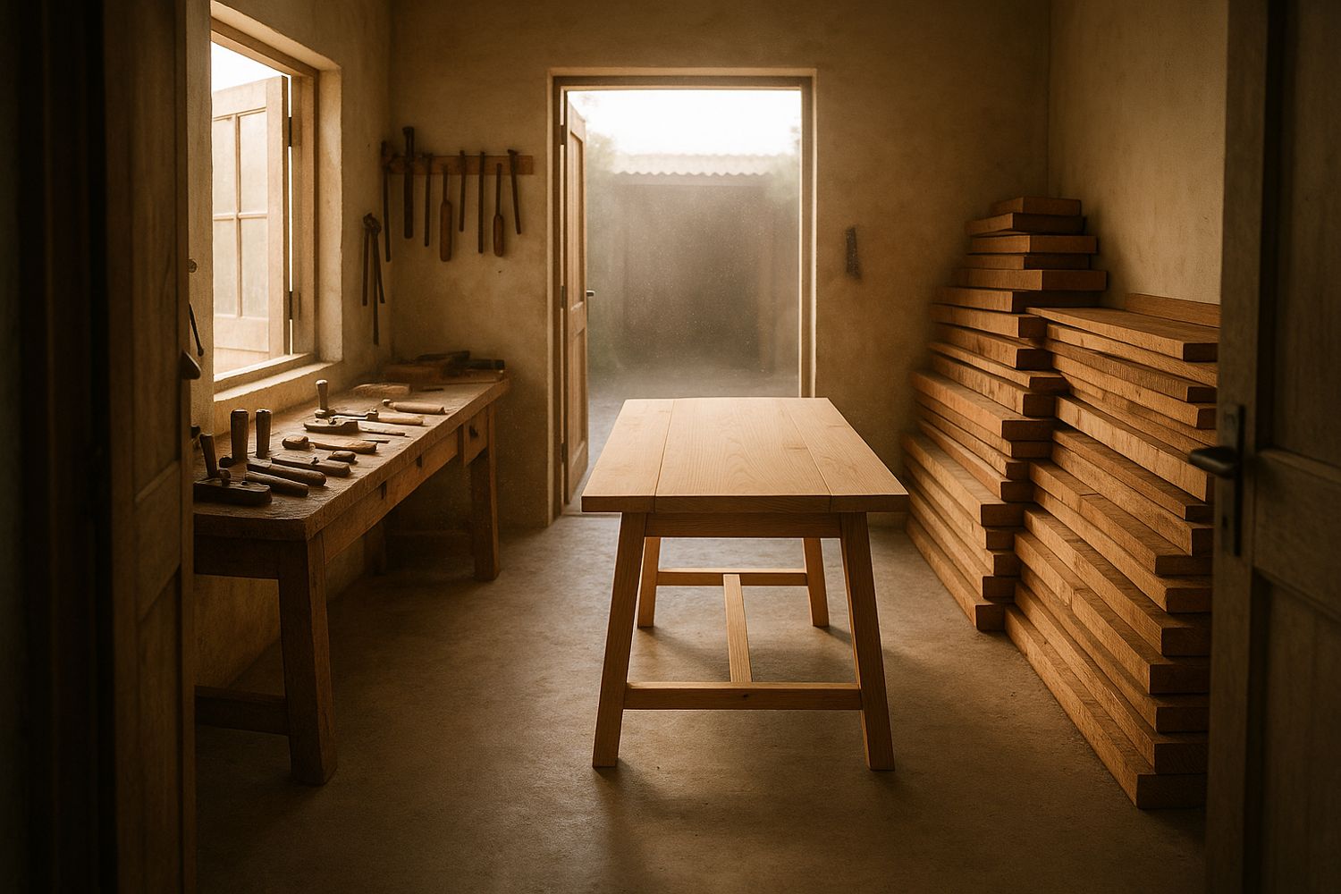 Inside the Cape Town workshop, a partly finished table on trestles with hand tools on a bench and timber stacked against the wall